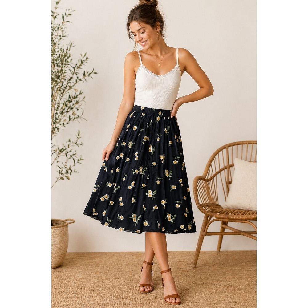 VTG 90s Fritzi California Floral Daisy Midi Skirt Women's Medium Cottagecor